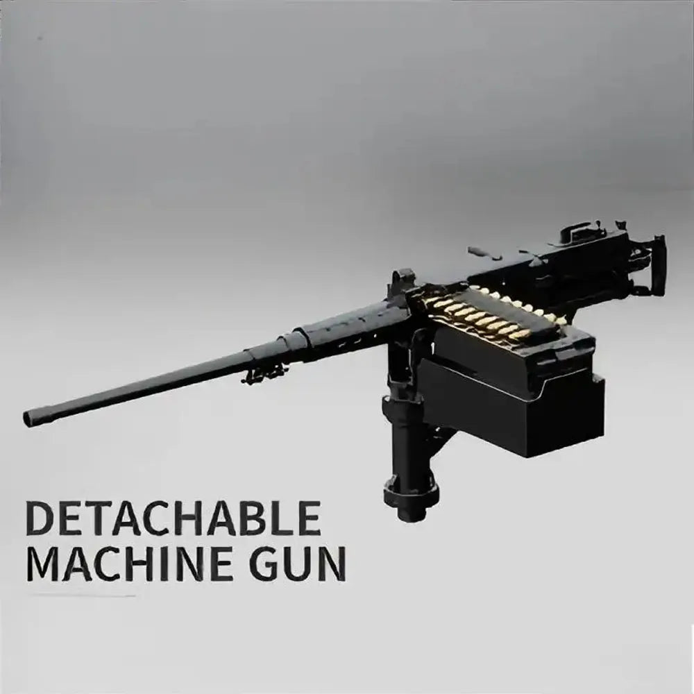A black detachable machine gun mounted on a long barrel, shown against a gray background.