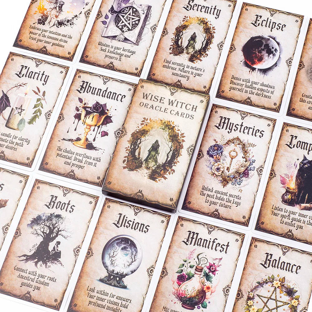A collection of 20 Wise Witch Oracle Cards featuring various themes like Serenity, Eclipse, and Manifest