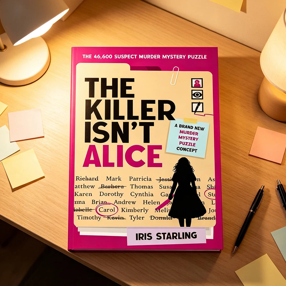 A box of The Killer Isn't Alice murder mystery puzzle book with a pink cover resting on a wooden table.