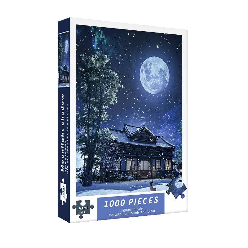 A 1000-piece jigsaw puzzle depicting a night sky with a full moon and a traditional Japanese building.