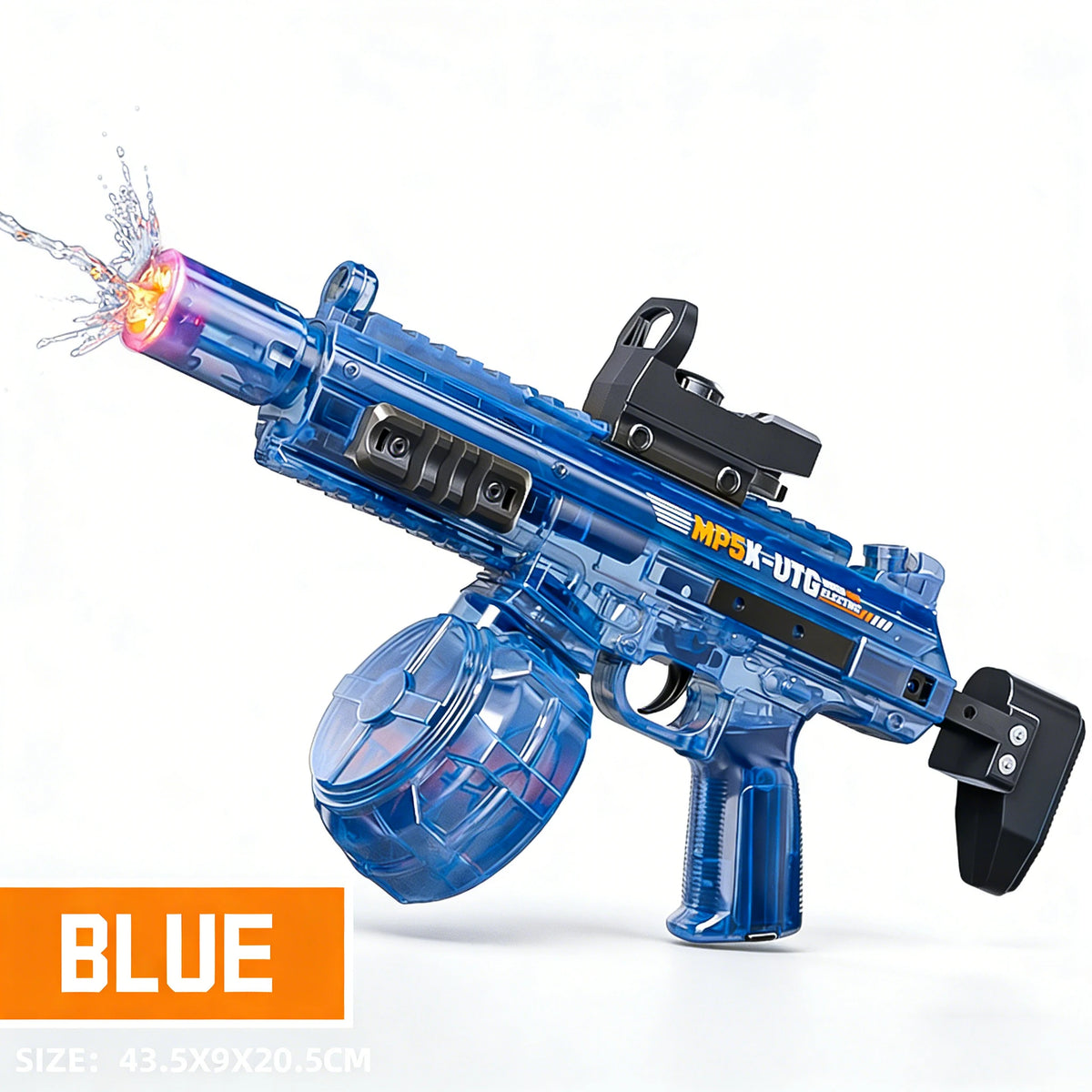Blue electric automatic water blaster with recoil and sensor lights shown in a product photo.