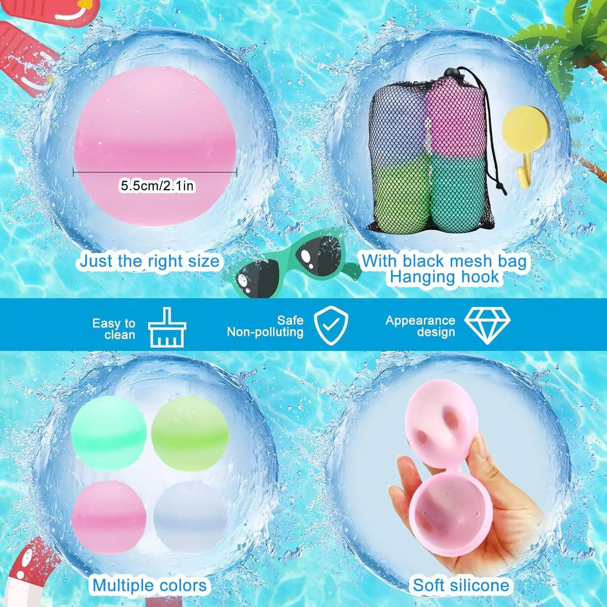 Reusable silicone water balloons in various colors and sizes for outdoor play