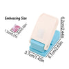 A pink lever action embosser tool with a light blue base and detailed size measurements.