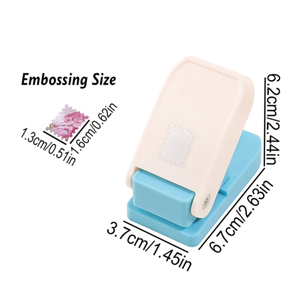 A pink lever action embosser tool with a light blue base and detailed size measurements.
