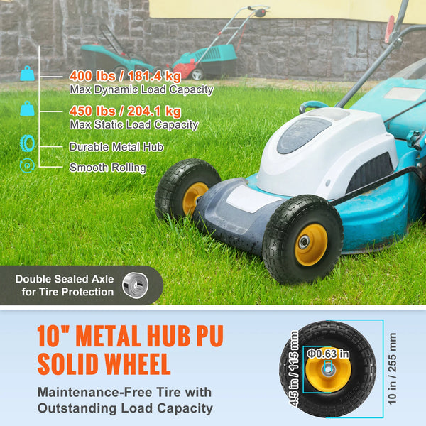A close-up view of a heavy-duty metal hub PU solid wheel on a blue electric cart.
