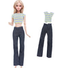 Fashion doll outfit set featuring a striped yellow top and dark gray pants
