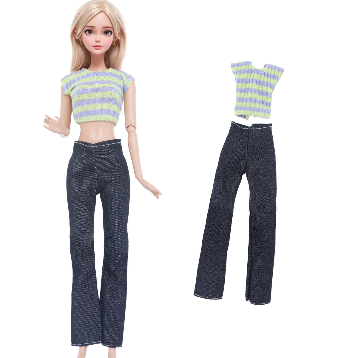 Fashion doll outfit set featuring a striped yellow top and dark gray pants