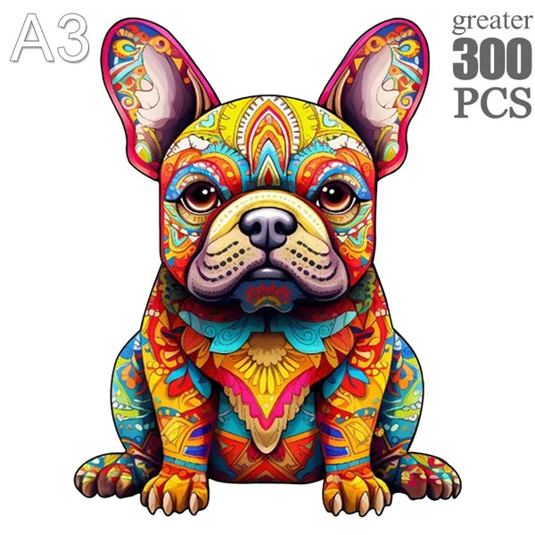 A colorful illustration of a French Bulldog puppy head and body designed for a jigsaw puzzle.