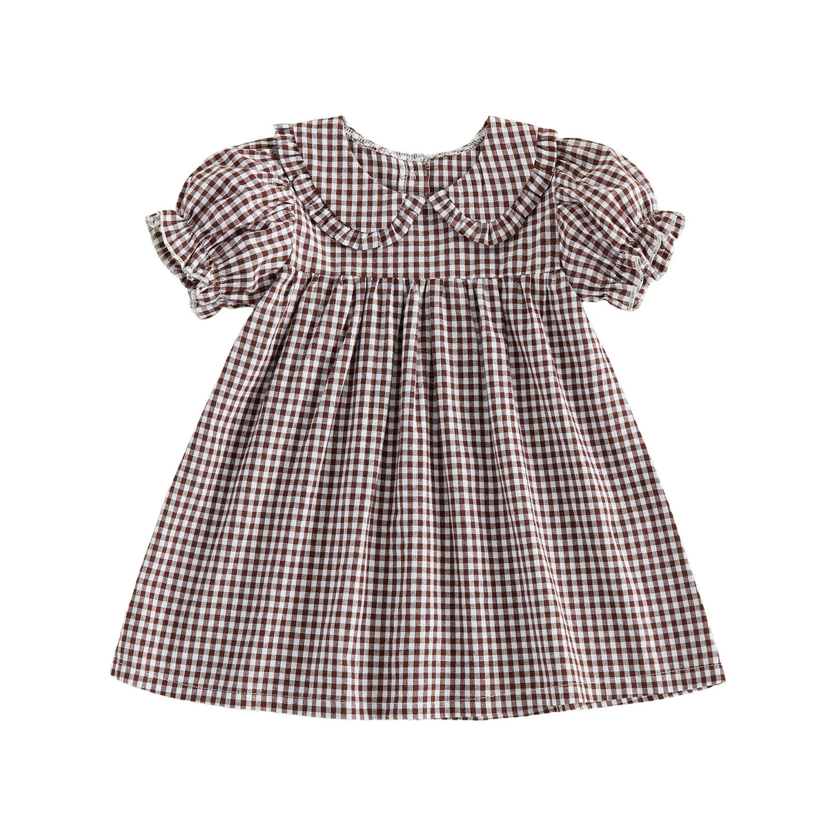 A plaid A-line dress for a toddler girl featuring a Peter Pan collar and short sleeves.