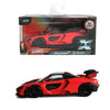 Red diecast model of a Ford Explorer tour vehicle in Jurassic Park theme.