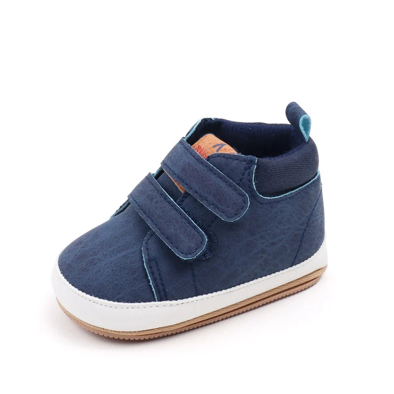 Navy blue soft PU leather baby first walker shoes with anti-slip TPR sole