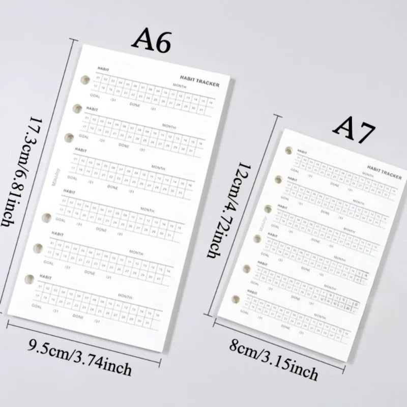 Two habit tracker refill pages, A6 and A7 size, showing monthly grids for tracking habits.