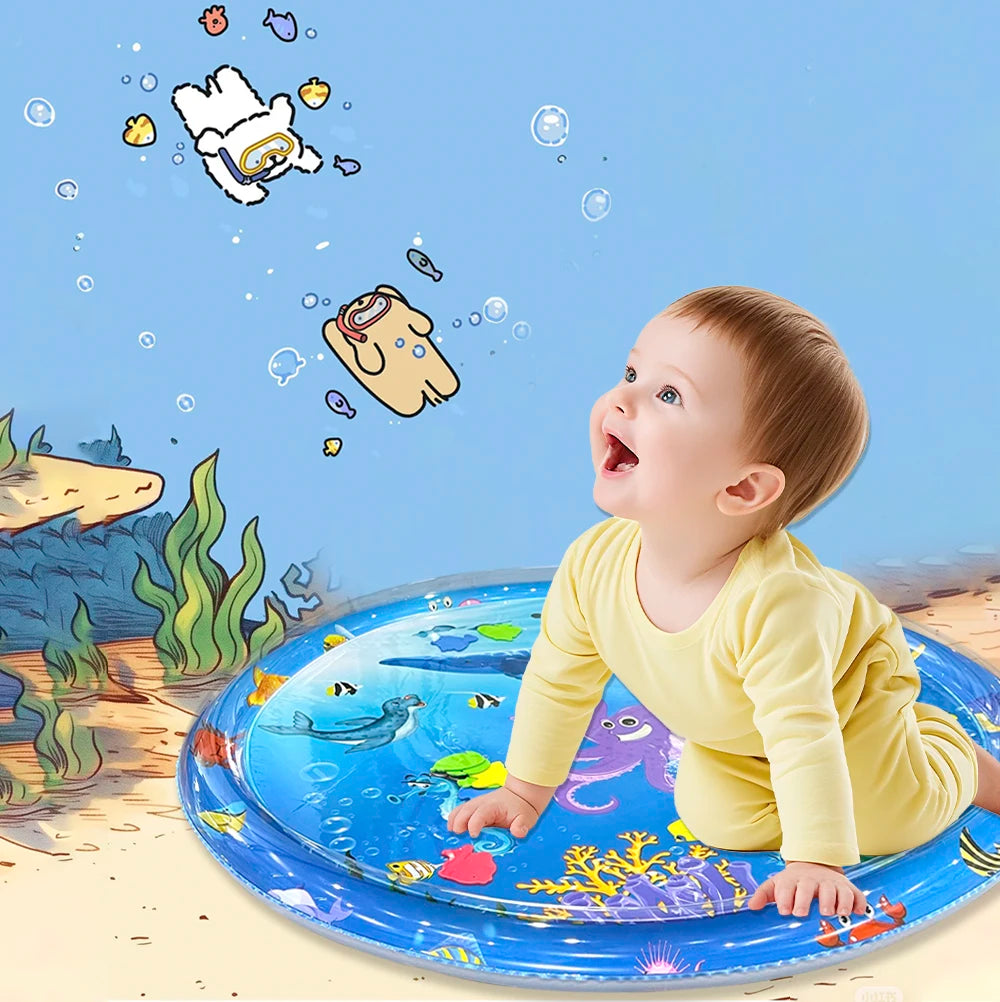 A baby is playing on a blue circular water play mat with colorful aquatic toys and learning designs.