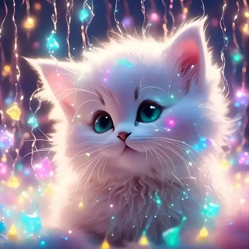 A fluffy white kitten with bright green eyes is surrounded by sparkling lights and glitter.