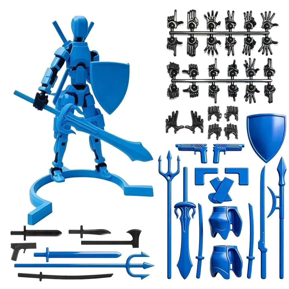 A blue magnetic multi-jointed action figure building set with various accessories and a display stand.
