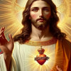A painting depicting Jesus Christ with a halo, beard, and long hair, holding a cross, and the Virgin Mary.