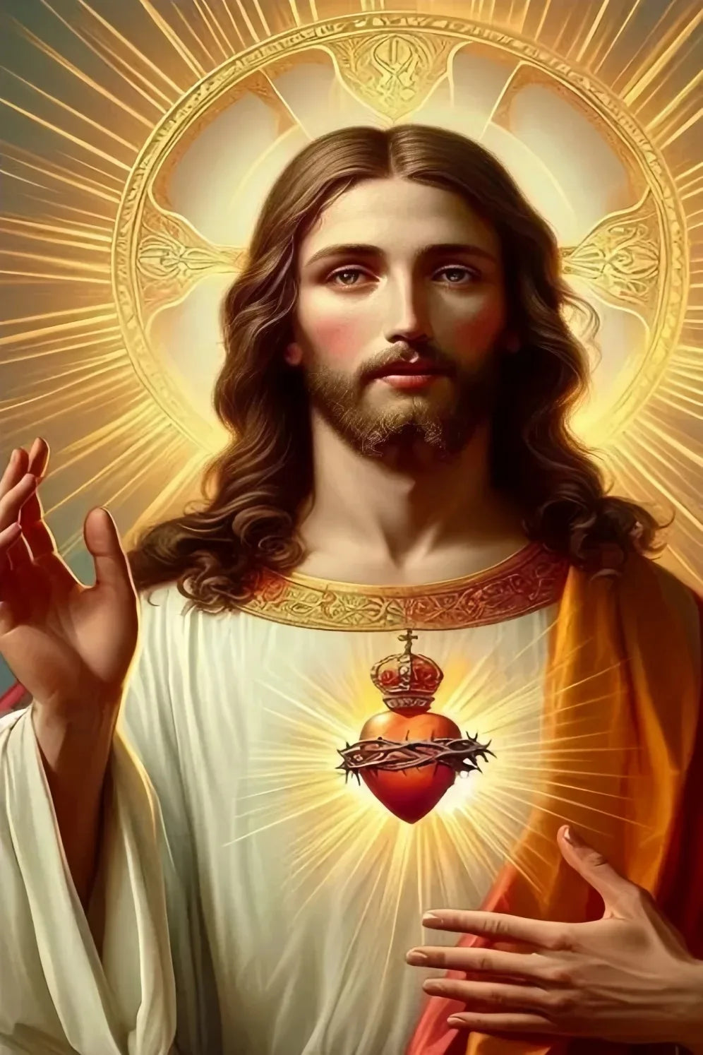 A painting depicting Jesus Christ with a halo, beard, and long hair, holding a cross, and the Virgin Mary.
