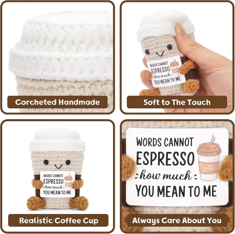 Handmade Knitted Coffee Doll with Card – Funny Crochet Desk Decor