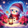 A cute snowman wearing a Santa hat and scarf sits next to a glowing lantern surrounded by festive pink and red floral element