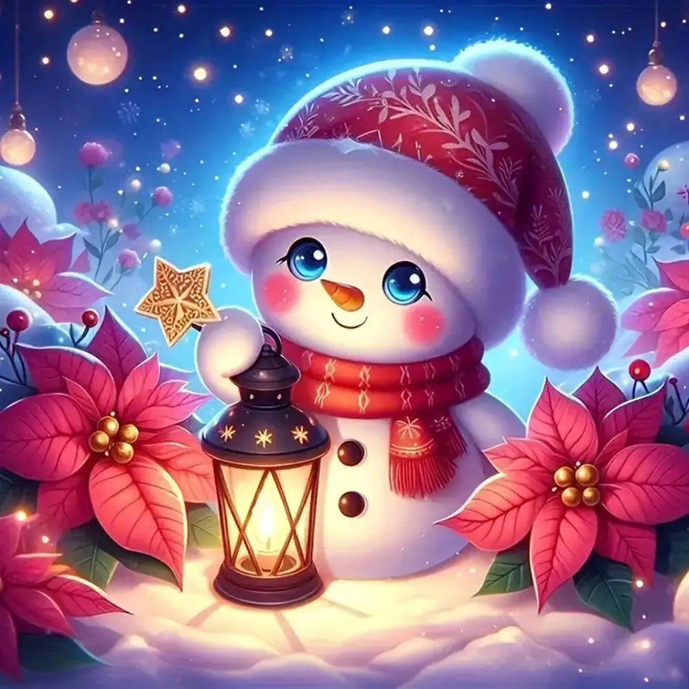 A cute snowman wearing a Santa hat and scarf sits next to a glowing lantern surrounded by festive pink and red floral element