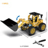 A yellow DIY metal building block set featuring an off-road vehicle and excavator model with a black scoop.
