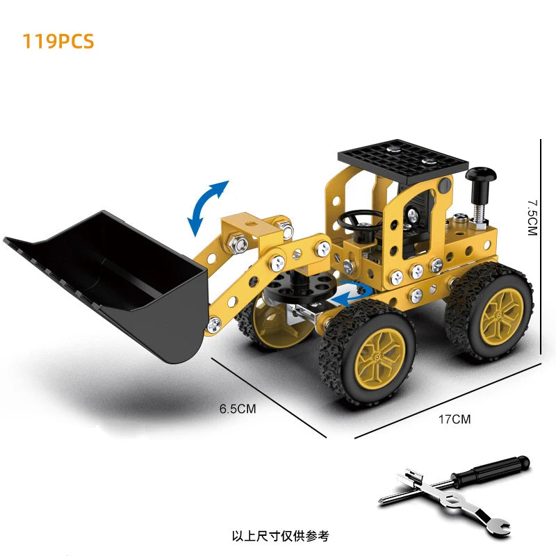 A yellow DIY metal building block set featuring an off-road vehicle and excavator model with a black scoop.