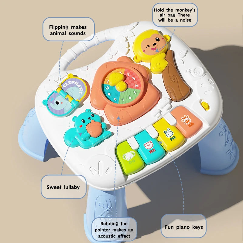 A musical baby piano playmat with light-up keys and hanging toys, featuring animal sounds and a sweet lullaby.