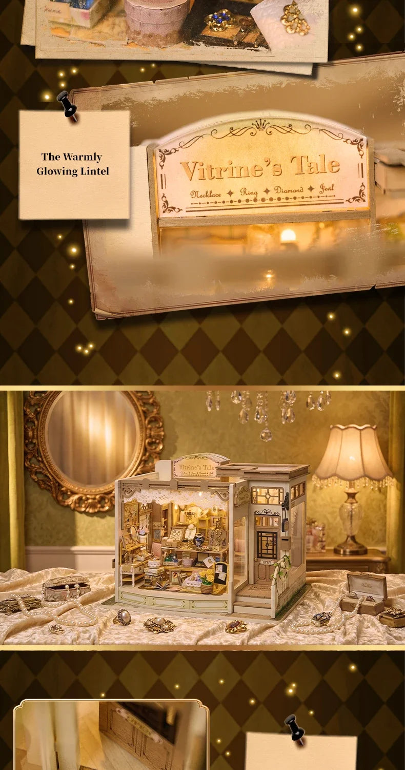 A vintage-style wooden miniature dollhouse kit featuring a vitrine with various accessories and jewelry displayed.