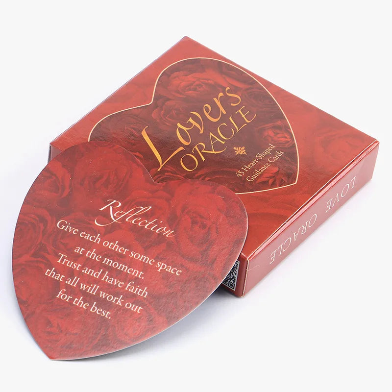 A box of Lovers Oracle tarot cards and guidebook with a heart-shaped design.