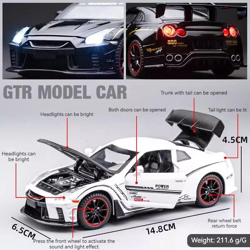 A white Nissan GTR R35 diecast model car showing various features like headlights, doors, and trunk with tail light effects.
