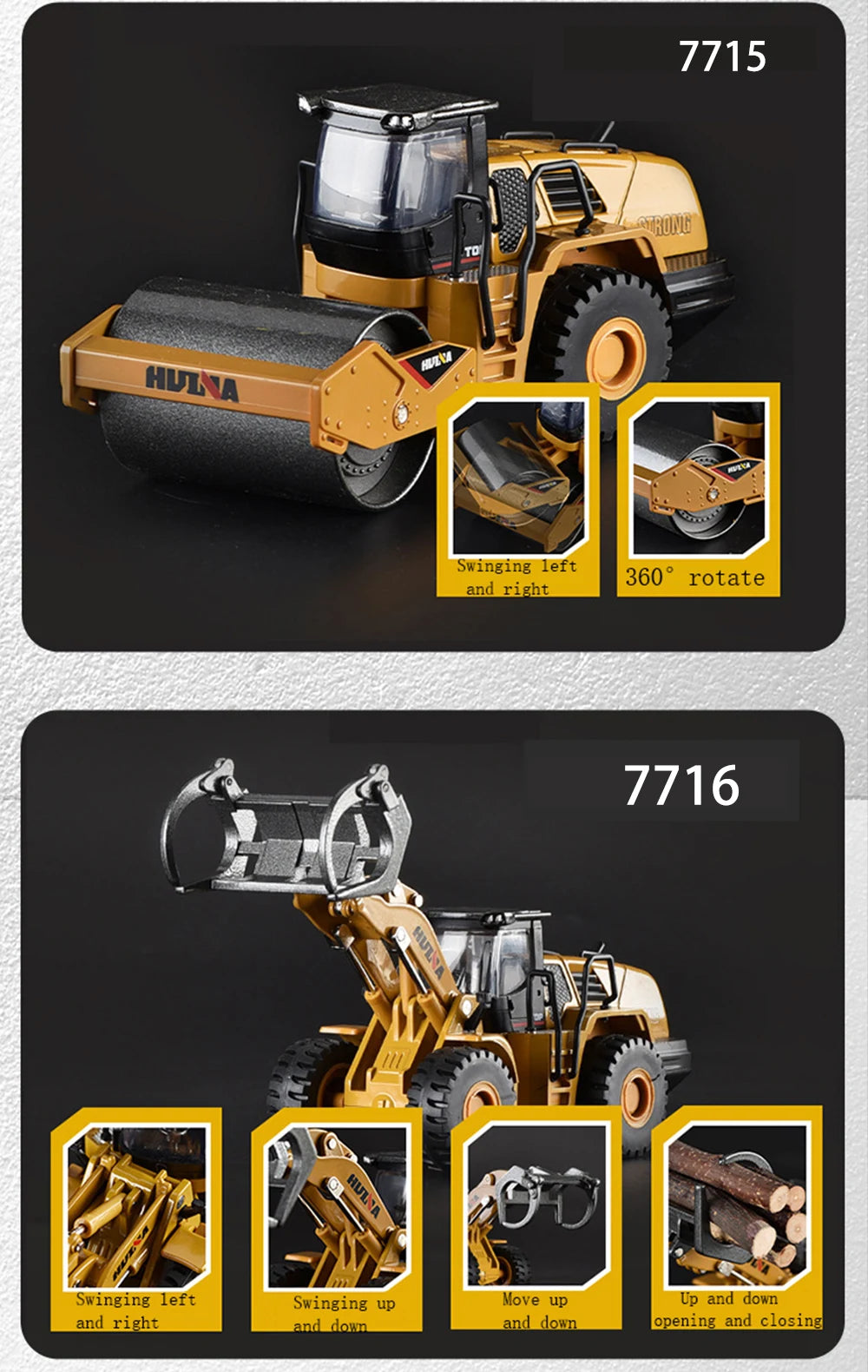 Die-cast toy excavator construction vehicle in yellow with swinging and rotating features.