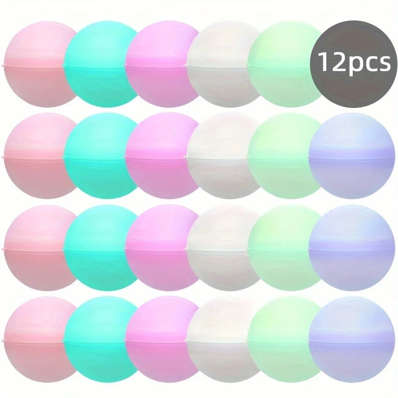 A collection of 12 reusable silicone water balloons in various pastel colors including pink, blue, green, and purple.