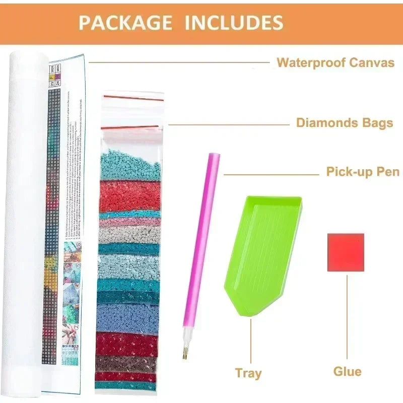 Package includes waterproof canvas, diamonds bags, pick-up pen, tray, and glue for a diamond painting kit.