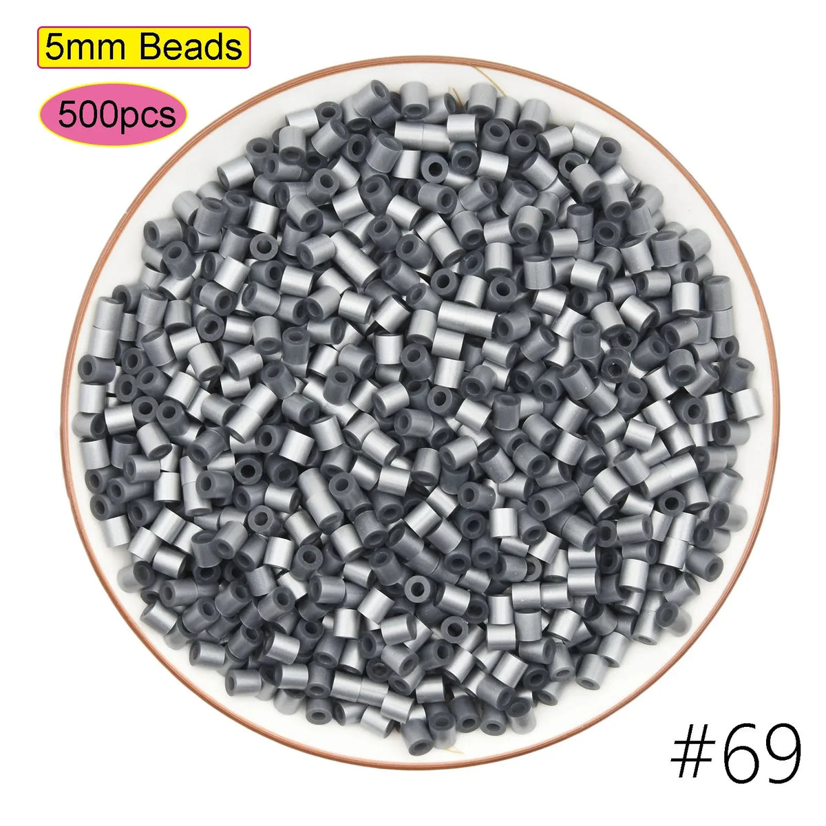 A pile of 5mm silver beads, sold in a 500-piece pack, for crafting and pixel art projects.