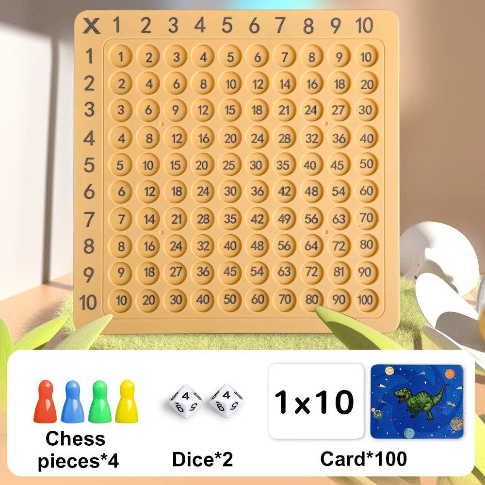 A wooden multiplication chessboard game with numbered squares and accompanying dice and cards for math learning