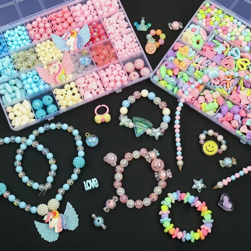 A collection of colorful polymer clay bead jewelry, including necklaces, bracelets, and earrings, arranged in small trays.