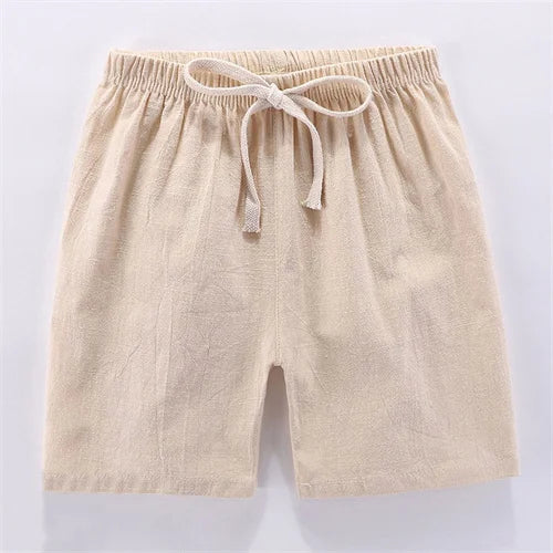 Beige linen shorts for kids with an adjustable elastic waist