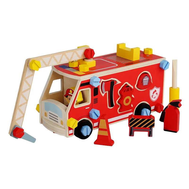 A red and yellow wooden construction toy set featuring a vehicle and an attached crane arm for pretend play.