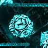 A close-up of a glowing blue polyhedral dice set surrounded by vines.