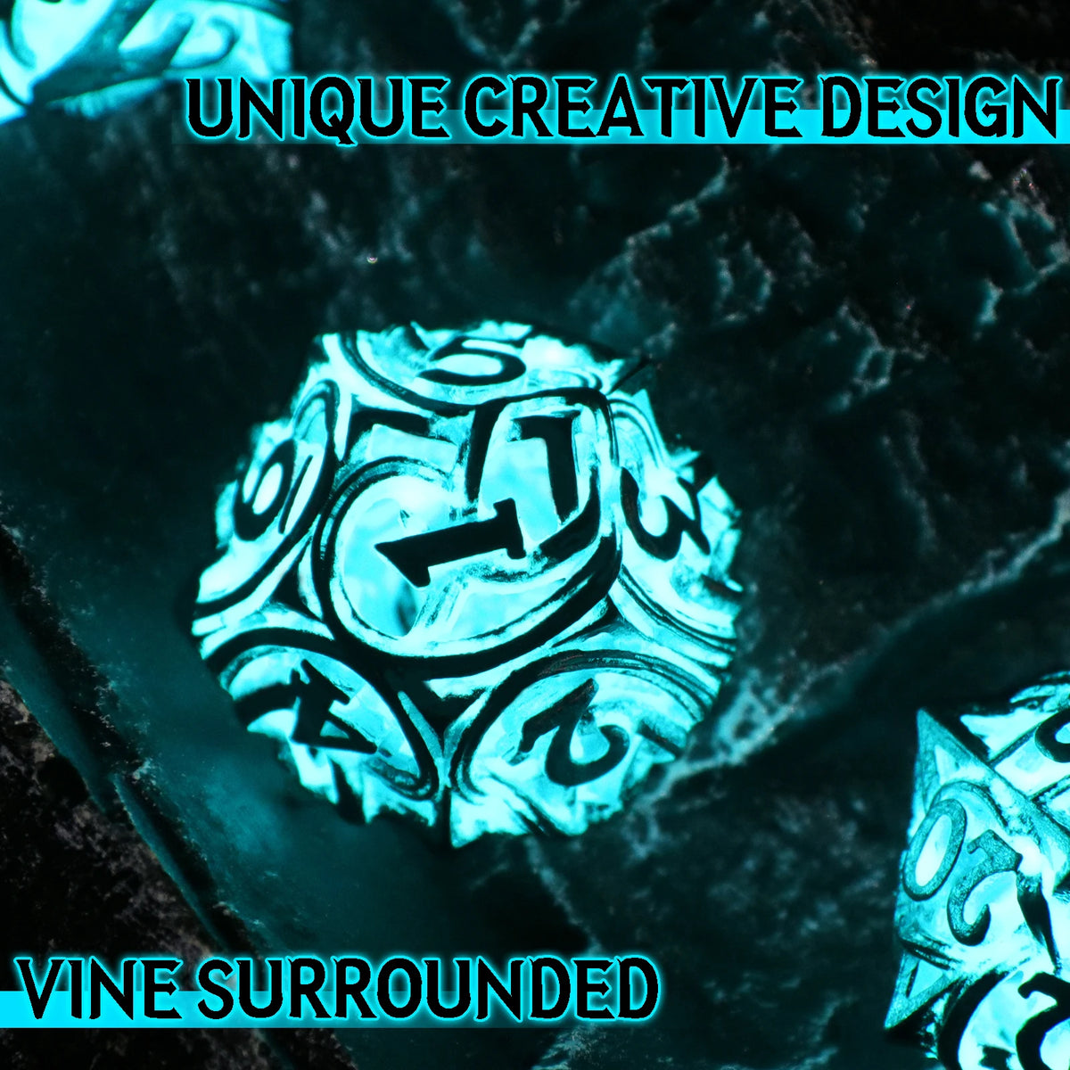 A close-up of a glowing blue polyhedral dice set surrounded by vines.