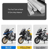 Diecast motorcycle models in blue, yellow, and silvery colors displayed with lights and suspension details.