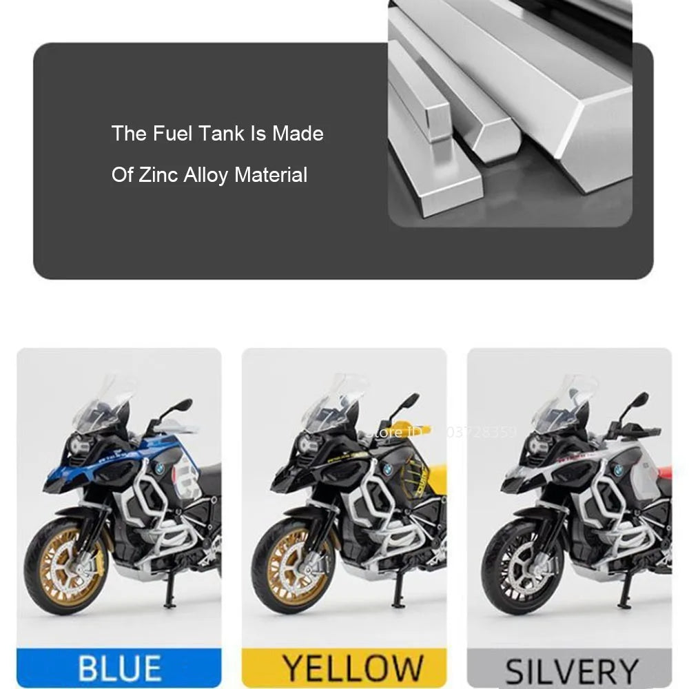 Diecast motorcycle models in blue, yellow, and silvery colors displayed with lights and suspension details.