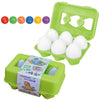 A set of six colored eggs and a matching green plastic container for sorting toys.