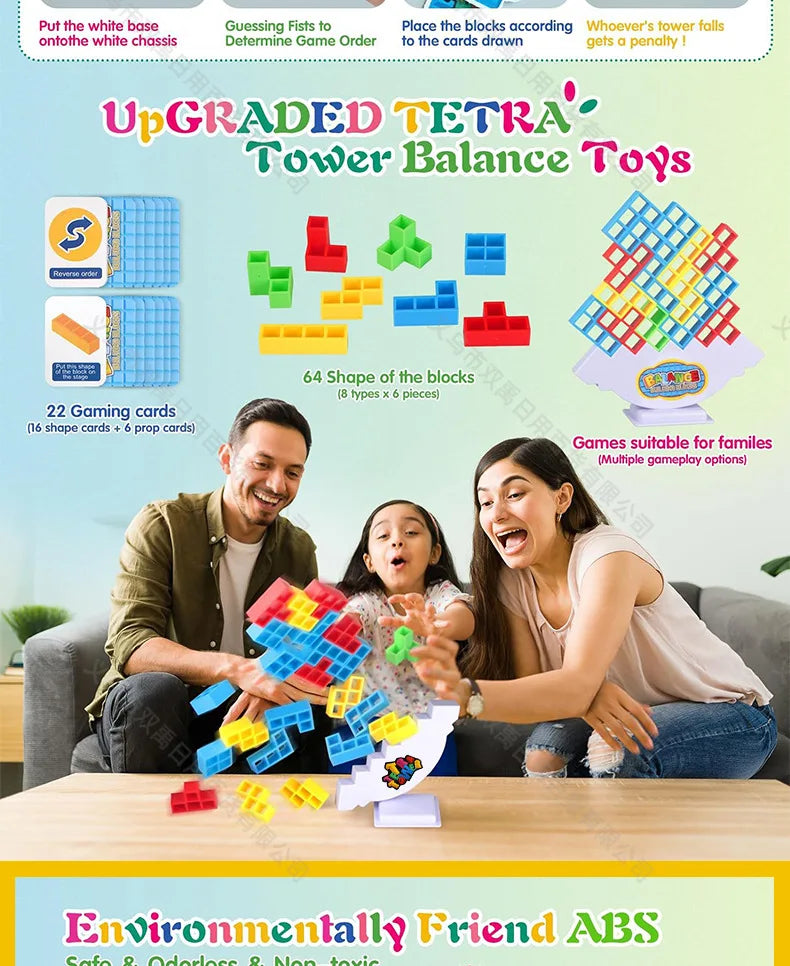 A family is playing with an upgraded tetra tower balance toy set made of colorful building blocks.