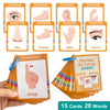 A set of 15 French-English vocabulary flashcards showing body parts like eye nose hand ear and foot