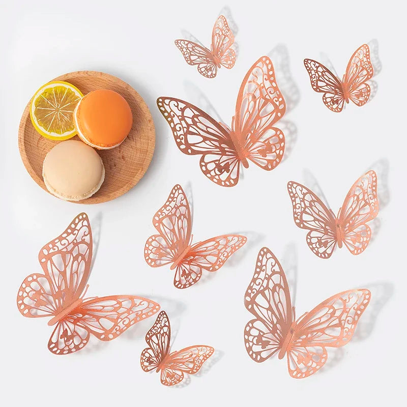 Rose gold 3D butterfly wall stickers featuring several intricately cut butterflies and citrus fruit
