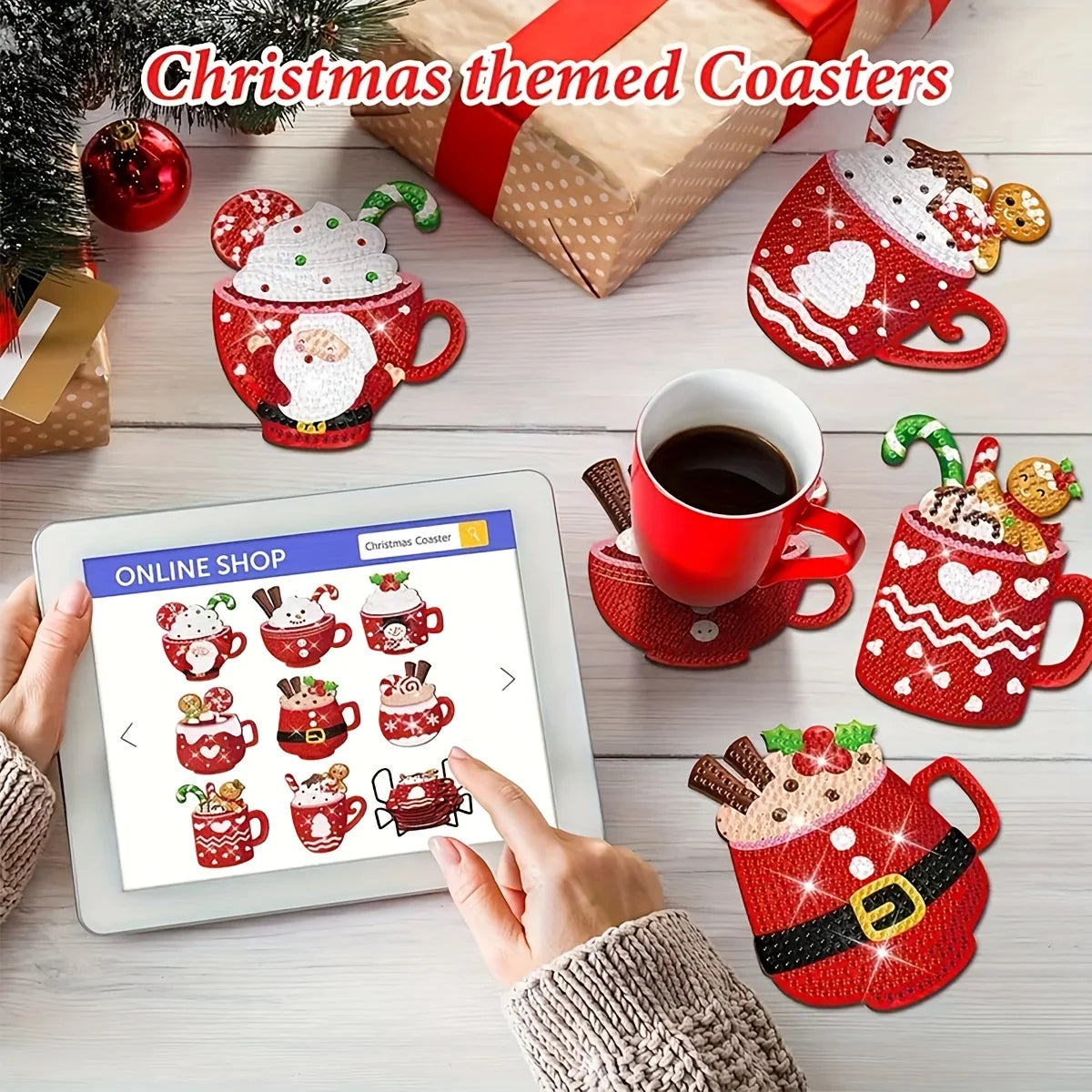 DIY Christmas Diamond-Painted Wooden Coasters (Set of 8)