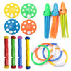 A set of colorful underwater pool treasure hunt dive toys including discs, tubes, and rings.