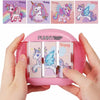 A pink rotating puzzle featuring four unicorn designs for kids