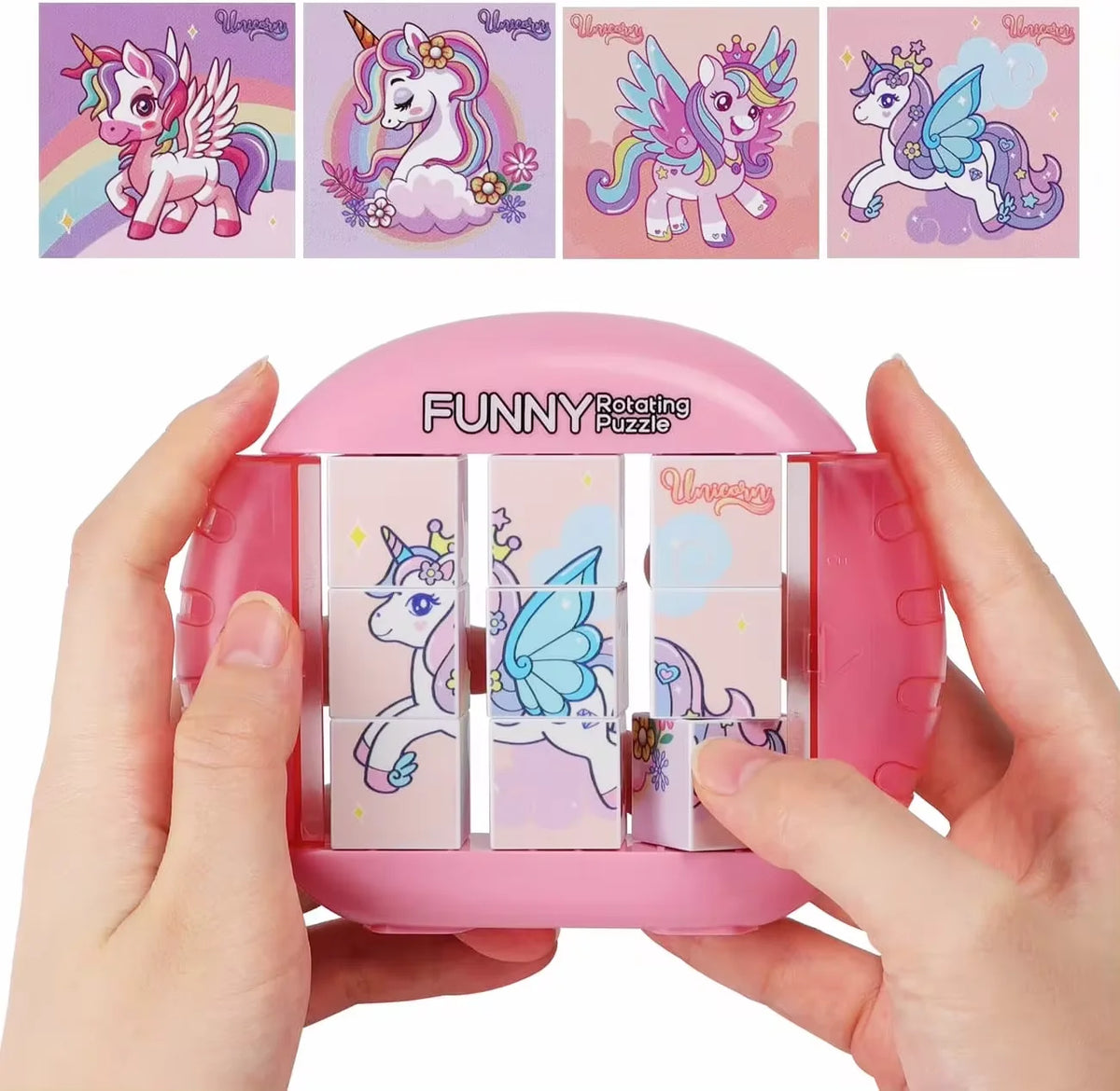 A pink rotating puzzle featuring four unicorn designs for kids